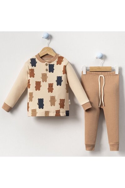 bebegen Erkek Bebek Bej  Ayıcık Desenli 2'li Takım