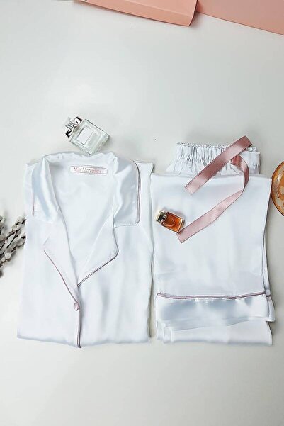 Miss Merveille Set pijamale din satin de mătase alb cu guler pentru bărbați - cu nasturi, fundă 8004ms