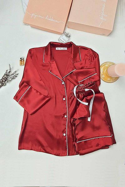 Miss Merveille Men's Neck Bow Silk Satin Women's Pajama Set - Burgundy 8004Ms