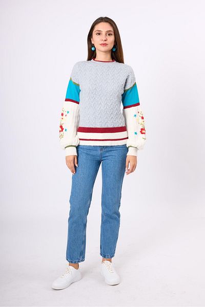 Peraluna Pulover tricot pentru femei Aurora Relaxed Fit - Gri/Albastru/Multi
