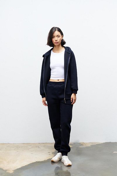 Basicpark Navy Blue Women's Pocket Label Detailed Hooded Fleece Inside Top and Bottom Set