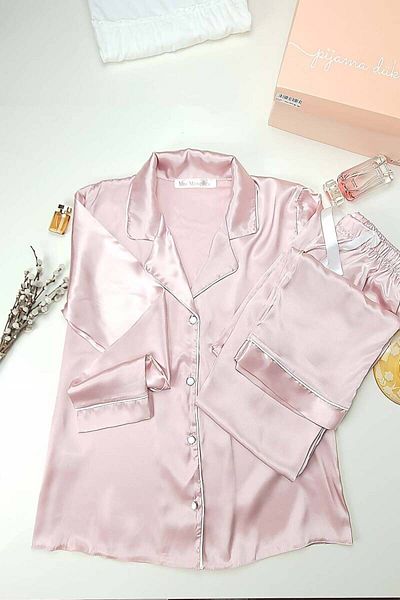 Miss Merveille Women's Silk Satin Pajamas Set - Pink, Men's Lapel, Bow Detail 8004Ms