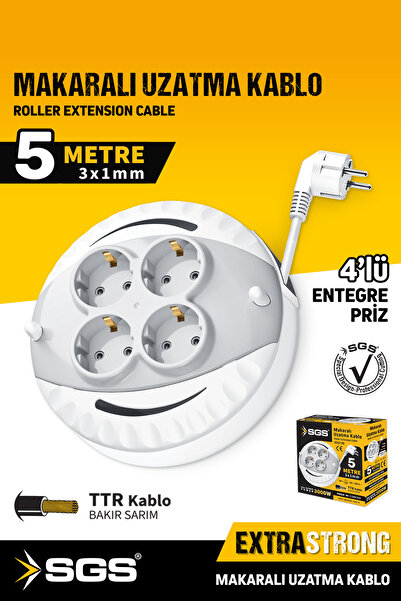 Genel Markalar Sgs2190 Makaralı Uzatma Kablo 4 Lü 5 Metre 3x1mm 3000 Watt