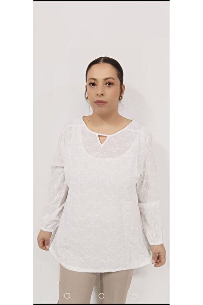 AKŞEN GİYİM KADIN BÜYÜK BEDEN PAMUK FİSTO BRODE DOKUMA PENCERE YAKA LASTİKLİ ...