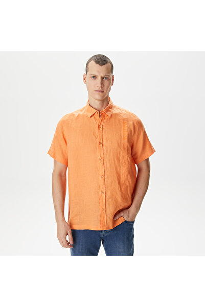 Nautica Erkek Turuncu Classic Fit Kısa Kollu Keten Gömlek
