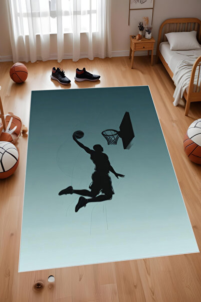 Noble Halı Dijital Baskı Turkuaz Beyaz Basketbol Temalı Makinada Yıkanabilir ...