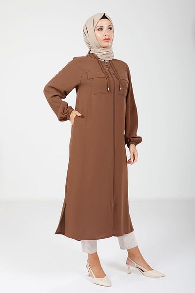 Beyza Χρωματιστό μουκά με φερμουάρ Hijab - 4122 Safari