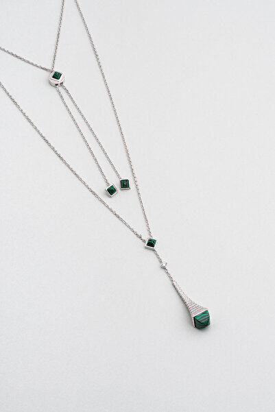 So CHIC... Euphoria 18 Ayar Beyaz Altın Kaplama Ayarlanabilir Gümüş Malahit Kolye