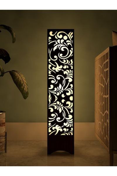 10kdekor Büyük Çiçek Desenli Ahşap Lambader 100cm - Dekoratif Gece Aydınlatması Gece Lambası