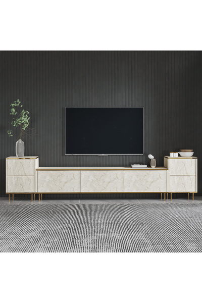 İNARCH DİZAYN İmaj Tv Ünitesi ve Komodin Set Traverten/Gold, Oturma Odası Set, Tv Sehpası