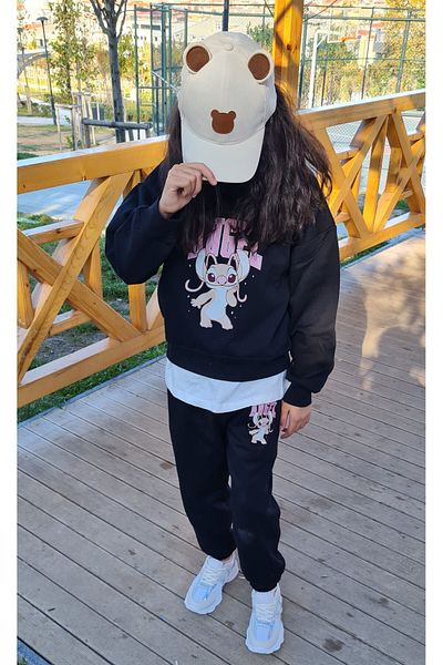 LePold Set de pantaloni de trening oversize pentru fete/băieți cu 3 fire de sus, fund negru, imprimat negru