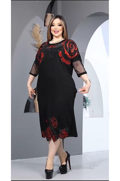Kokostrendi Crystal Jewelled Dress with Red Roses - BLACK
