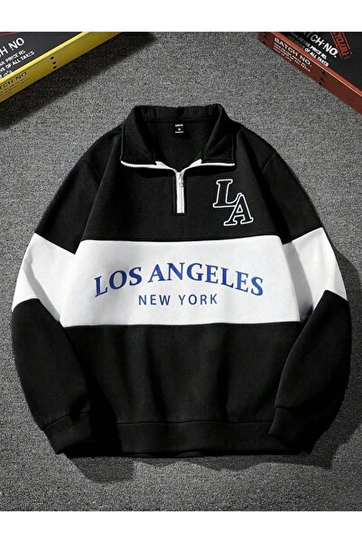 ORLONTEX Unisex Μαύρο Los Angeles Φούτερ με στάμπα με μισό φερμουάρ Polo λαιμ...