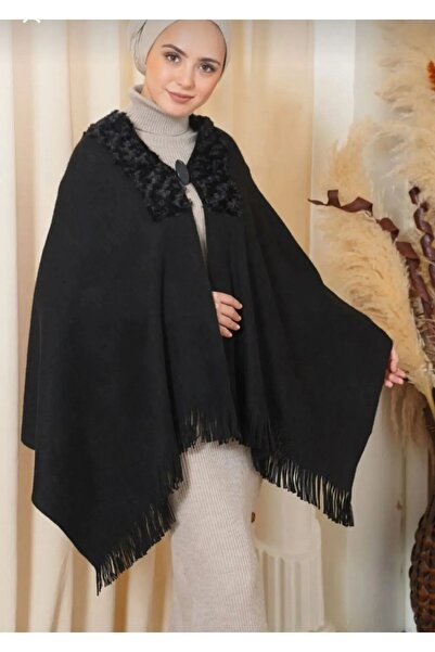 HoneyTrendy Kadın Yakası Kürklü Siyah Yumuşak Triko Birinci Sınıf Omuz Şalı Panço