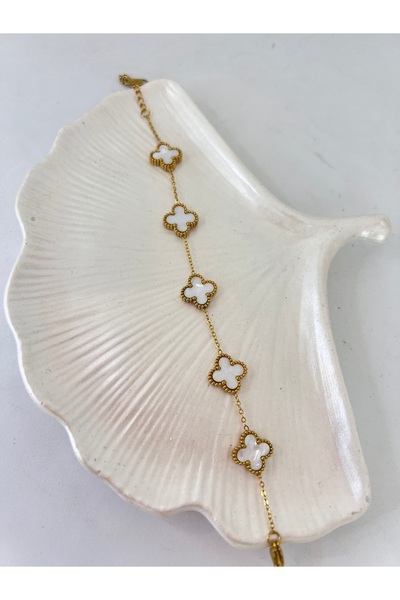 PS ACCESSORİES Yonca Celik Zincir Gold Beyaz Bileklik
