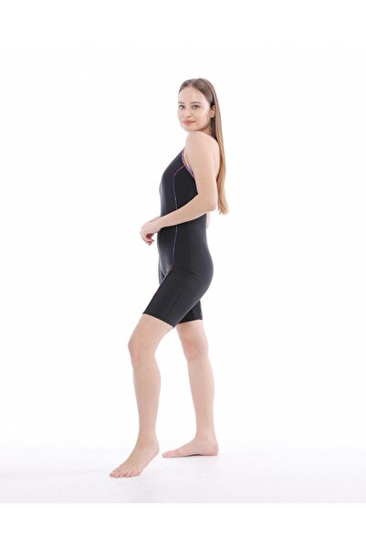 vawensea Women's Long Shorts Swimsuit Colorful Piping Black (with Breast Pad)