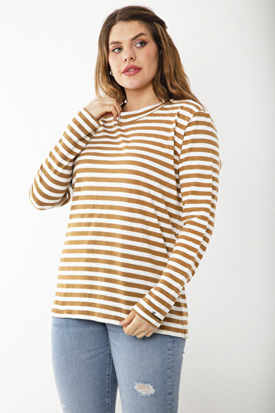 Şans Kadın Büyük Beden Sütlükahve Uzun Kollu Çizgili Bluz 65N37217