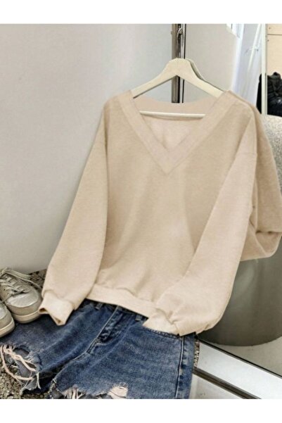 MOONBULL Women's V-Neck Plain Oversize Sweatshirt