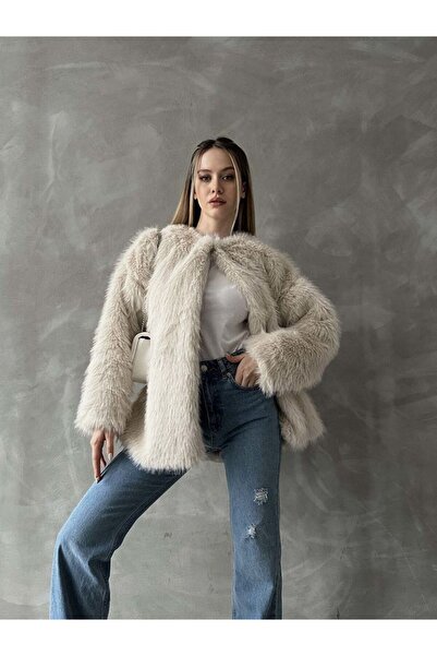 WoolnClyde Stone Colored Premium Look Women's Long Jacket - Lined, Hooked, Furry Plush, Faux Fur