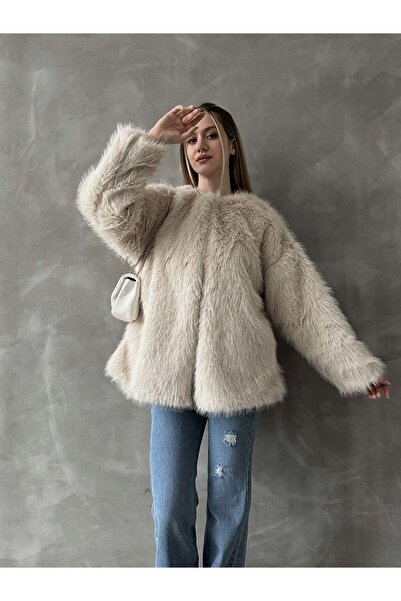 WoolnClyde Stone Colored Premium Look Women's Long Jacket - Lined, Hooked, Furry Plush, Faux Fur