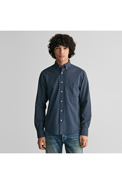 Gant Erkek Lacivert Regular Fit Düğmeli Yaka Kareli Oxford Gömlek