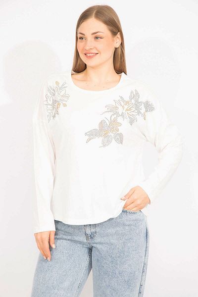 Şans Women's Bone Plus Size Cotton Fabric Stone Detailed Blouse 65n35707