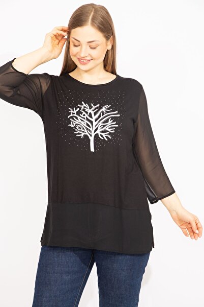 Şans Women's Black Plus Size Sleeves Chiffon Front Print and Stone Detailed Blouse 65n35729