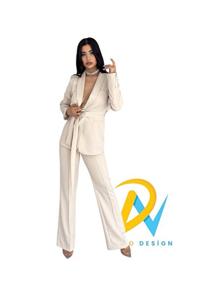 Nilo Kadın Takım Elbise, Kemerli Şal Yaka Blazer Ceket Boru Paça Esnek Pantolon