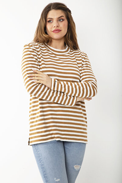Şans Kadın Büyük Beden Sütlükahve Uzun Kollu Çizgili Bluz 65N37217