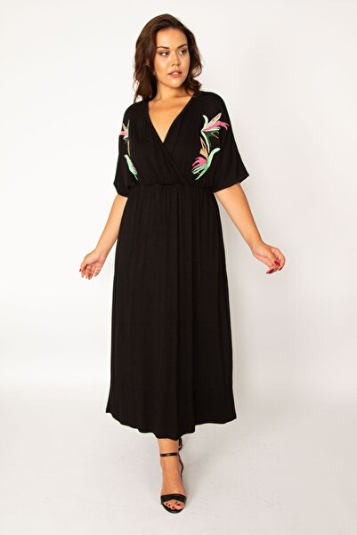 Şans Women's Large Size Black Wrap Collar Dress with Elastic Waist and Embroidery Detail 65n33976