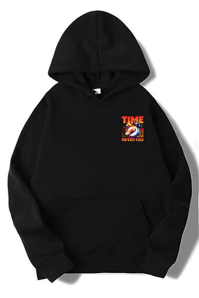 DEEPSENCE Unisex Μαύρη κουκούλα Oversize Φούτερ TIME NEVER BACK ΣΧΕΔΙΟ ΕΚΤΥΠΩΣΗΣ