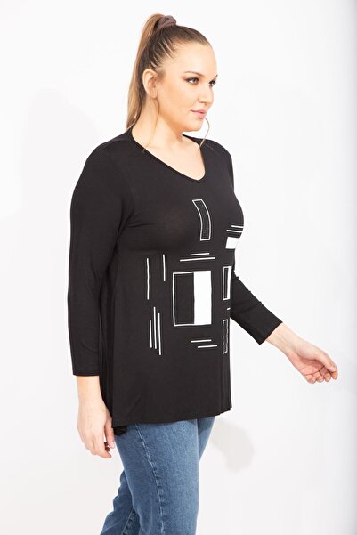 Şans Жіноча туніка великого розміру чорного кольору з V-подібним вирізом, кам...