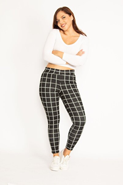 Şans Women's Large Size Black Plaid Pattern Iron-on Grass Stitched Tights 65n34811