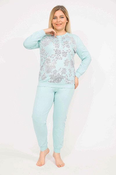 Şans Women's Green Large Size Cotton Fabric Blouse Trousers Pajama Set 65n35795