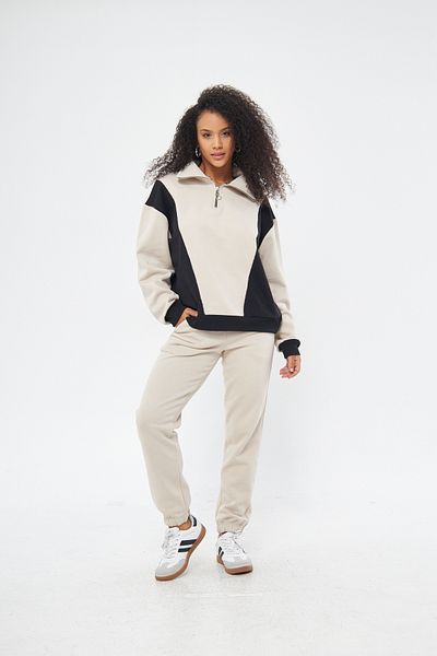 ESPOİRPLUS Μπεζ Oversize Σετ - 100% βαμβάκι, μισό φερμουάρ, γιακάς