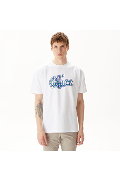 Lacoste Erkek Relaxed Fit Bisiklet Yaka Baskılı Beyaz T-Shirt