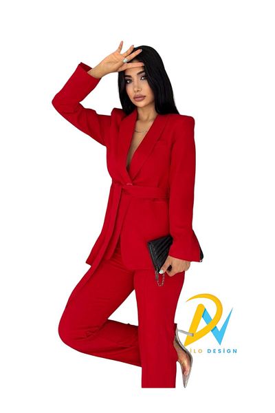 Nilo بدلة نسائية، سترة ذات ياقة شال بحزام، بنطال مرن من الأنابيب