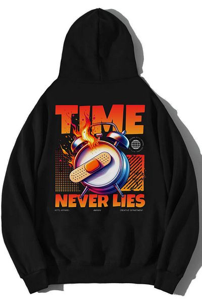 DEEPSENCE Unisex Μαύρη κουκούλα Oversize Φούτερ TIME NEVER BACK ΣΧΕΔΙΟ ΕΚΤΥΠΩΣΗΣ