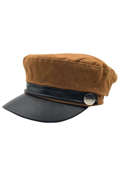 AXE SPORTSWEAR Women's Camel Color Winter Sailor Type Faux Leather Detailed Soft Textured Suede Captain Cap Hat Hat