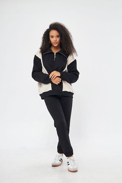 ESPOİRPLUS Beige Black - Oversize Set with Half Zipper, Raised 100% Cotton