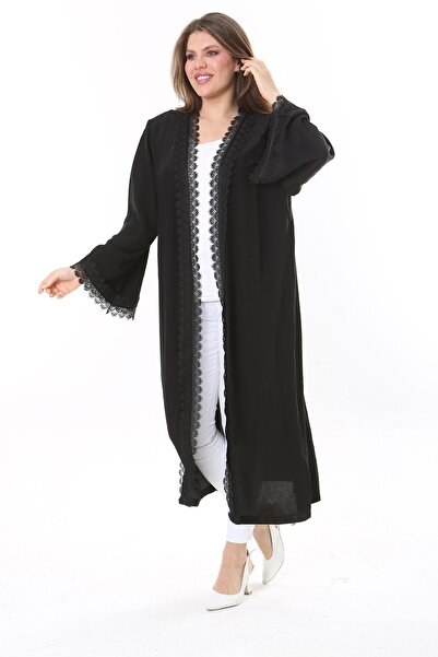 Şans Women's Large Size Black Lace Detailed Nope Satin Cardigan 65N37786