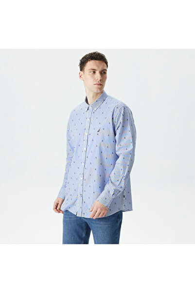 Nautica Erkek Mavi Classic Fit Uzun Kollu Desenli Gömlek