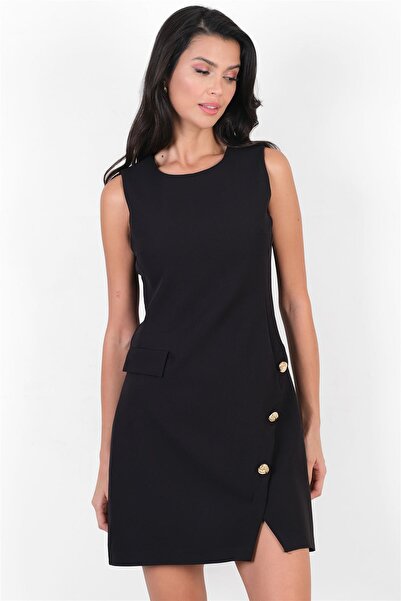 Spazio Oreglio Yuvarlak Yaka Düğme Detaylı Elbise SİYAH