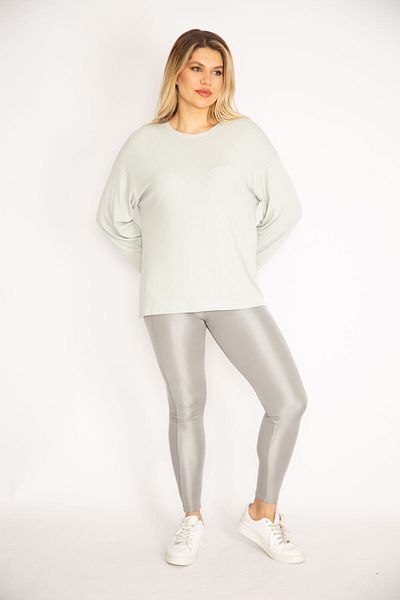 Şans Women's Large Size Green Crew Neck Self-Striped Lycra Blouse 65n35214