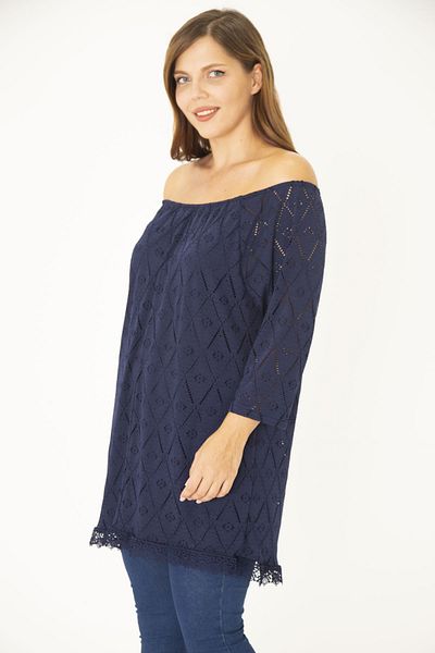 Şans Women's Large Size Navy Blue Perforated Fabric Lined Tunic with Elastic Collar 65N36953