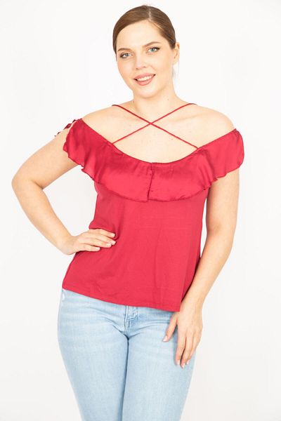 Şans Women's Claret Red Plus Size Cross Strap Collar Flounce Blouse 65n35919