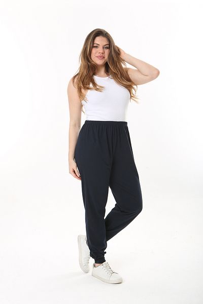 Şans Γυναικείο παντελόνι μεγάλου μεγέθους Navy Blue με ραβδώσεις κάτω 65N37488