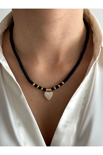 HERCY Beyaz Kalpli Ince Siyah Fimo Kolye