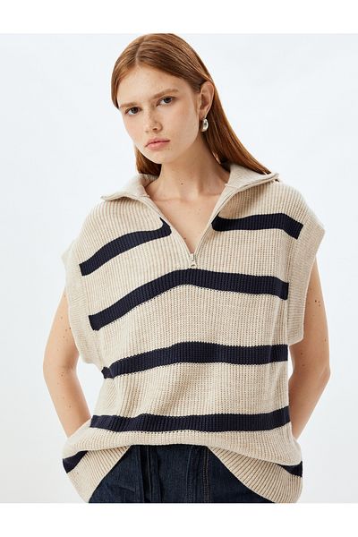 Koton Oversize Knitwear Sweater - Half Zipper, Stand Collar, Sleeveless