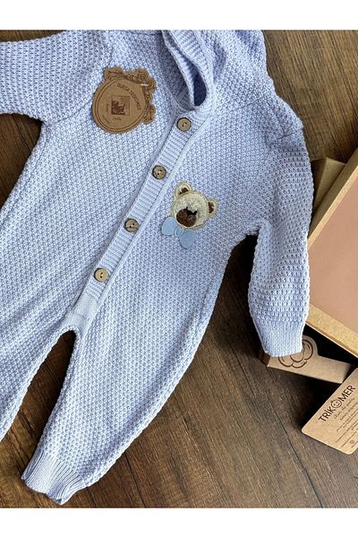 Bursa Trikomer Knitwear Knitted Teddy Bear Pattern Embroidered Newborn Anti-Sweat Soft Comfortable Baby Jumpsuit